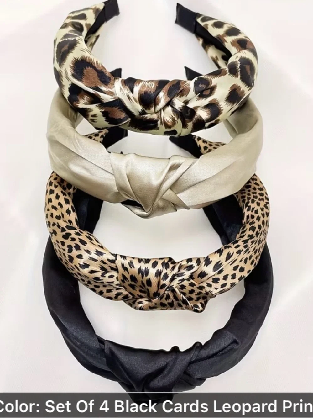 4 Women’s Knotted Headbands - Leopard & Black-Solid Colors-,metallic cream
